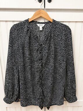 Nine West Black & White Animal Print Long Sleeve Blouse Size Large